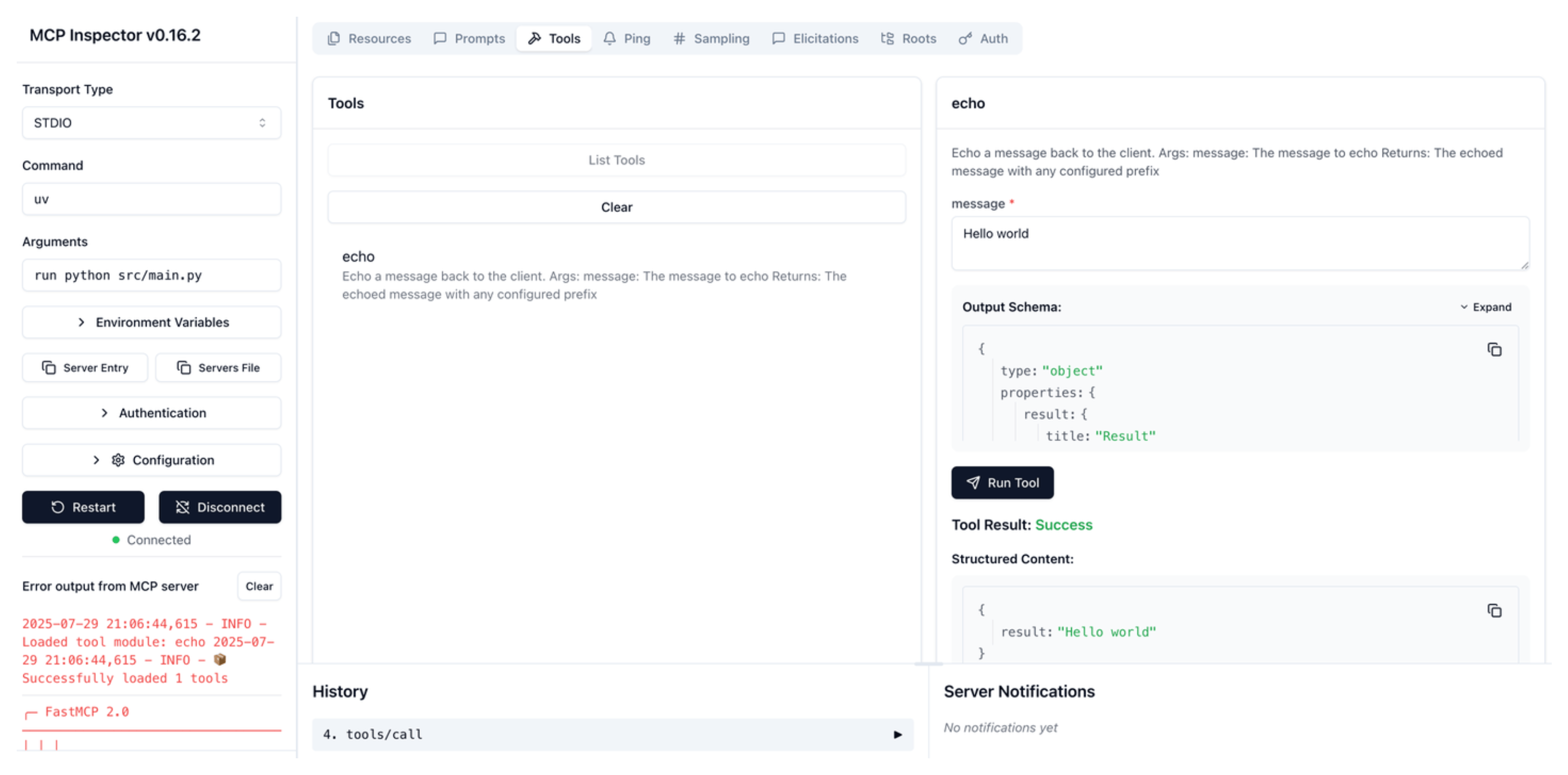 Run echo tool in MCP inspector UI