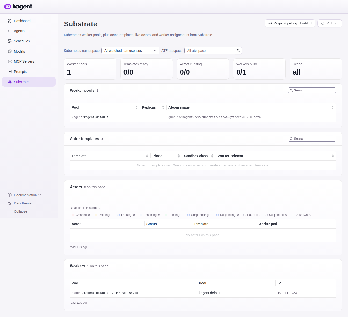 The Substrate page, showing one worker pool and no running actors